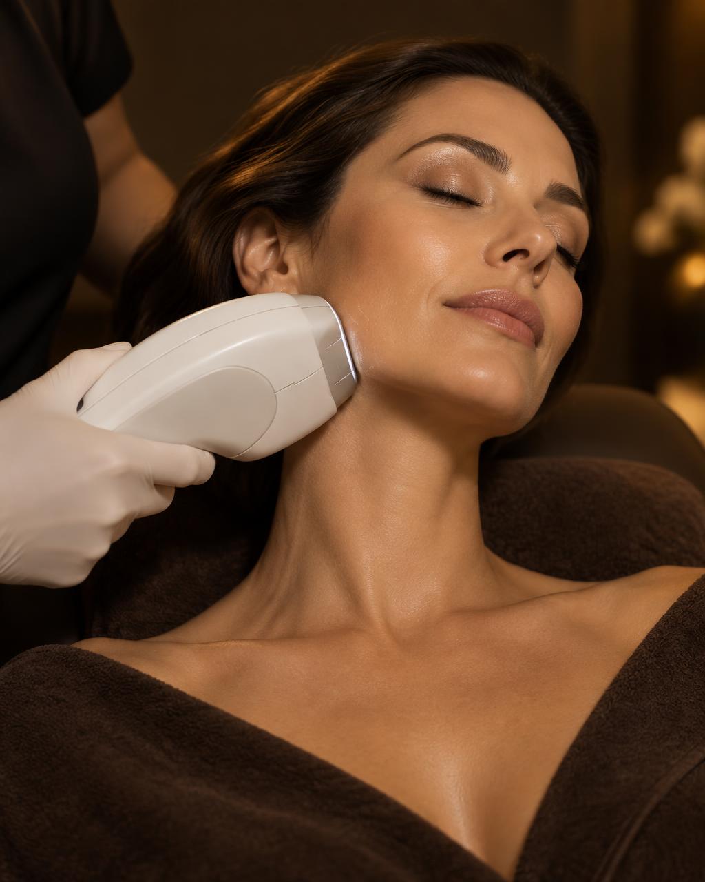 Woman receiving a HIFU skin tightening treatment along the jawline at Oréa Clinic